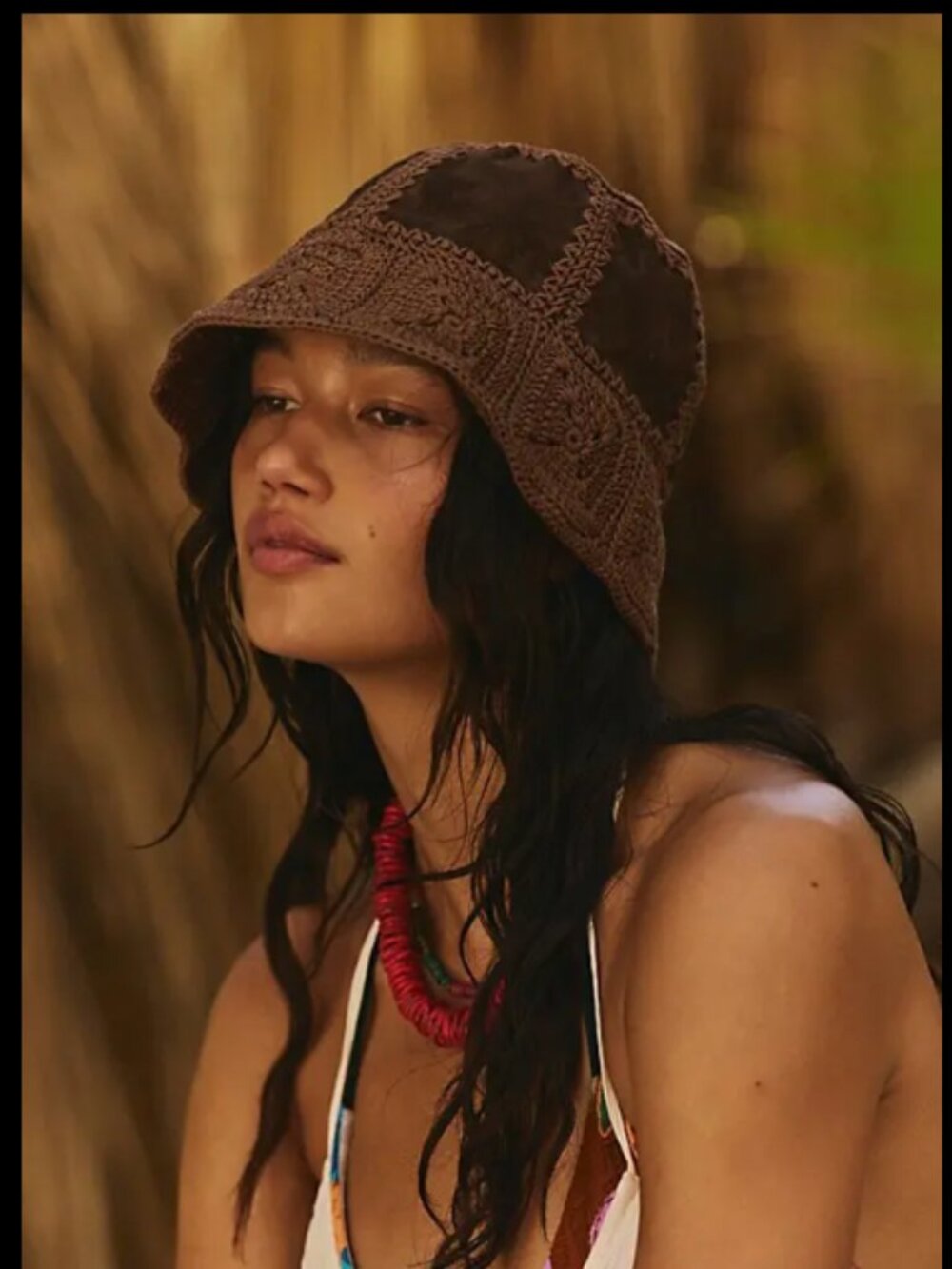 Free People Cameron Crochet Suede Leather Sheep Dark Brown Bucket Hat - NEW